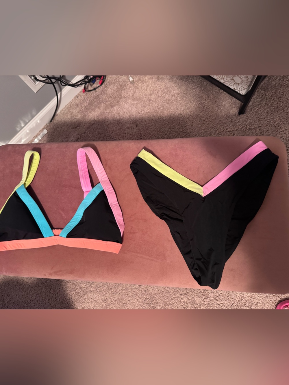 ONEONE SWIM Black Bikini Set with Neon Pink, Aqua, Coral & Lime Trim